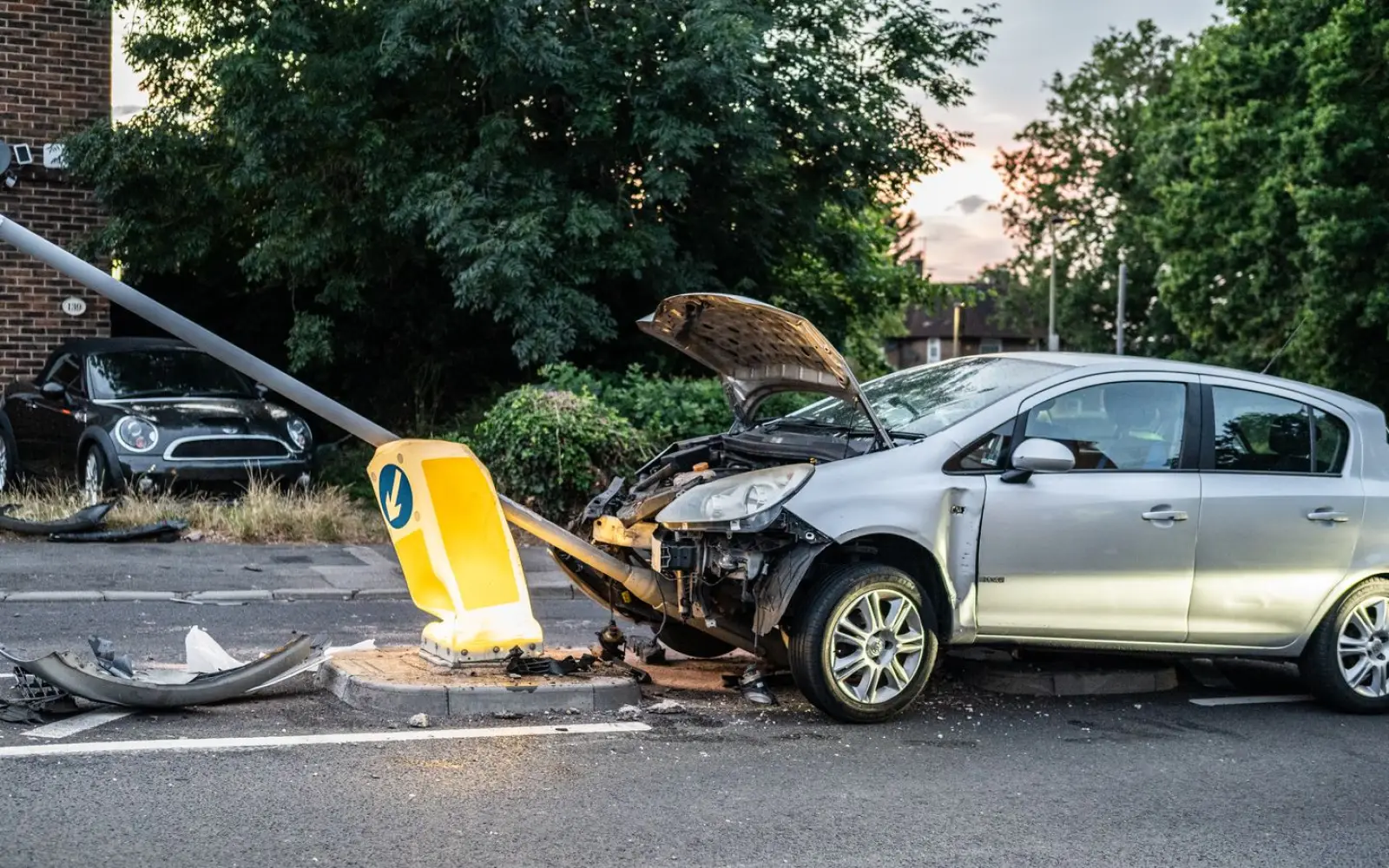 Car crashed into a lamp post after a serious road traffic collision