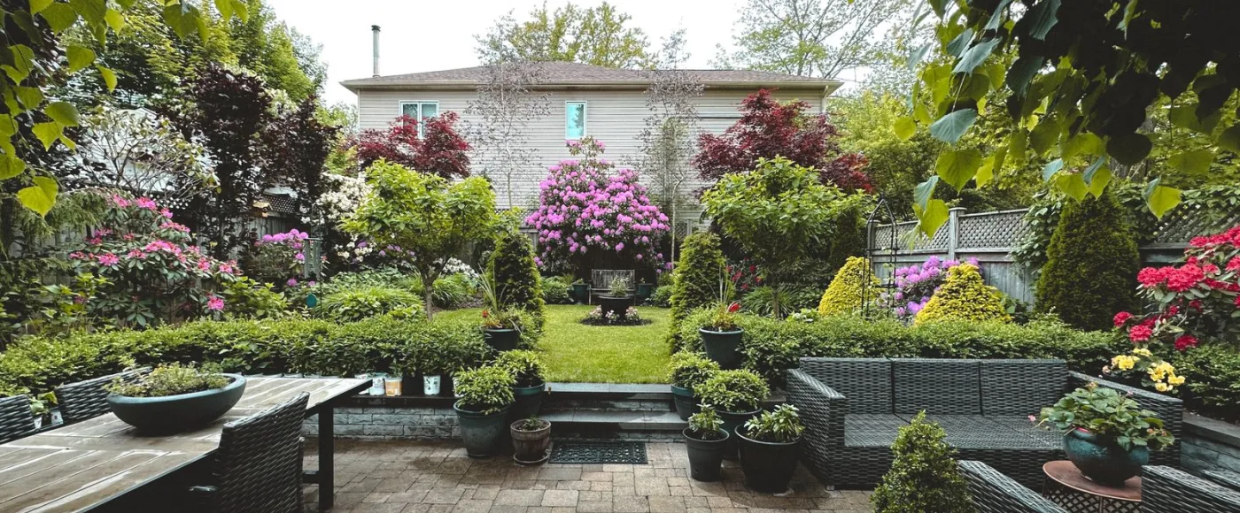 A finished backyard landscape and patio by Sage and Stone Landscapes