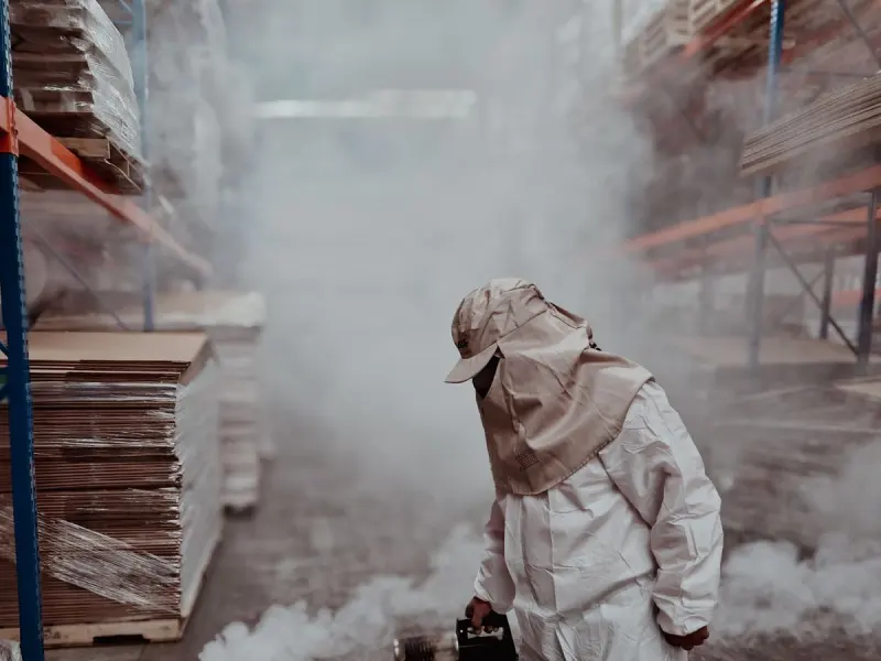Commercial fumigation treatment being carried out in a warehouse