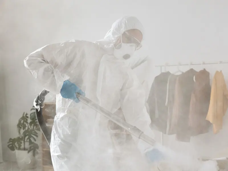 Technician performing an interior fogging treatment for bed bugs