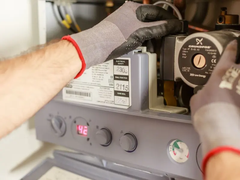 Plumber adjusting controls on a residential boiler and hot water system