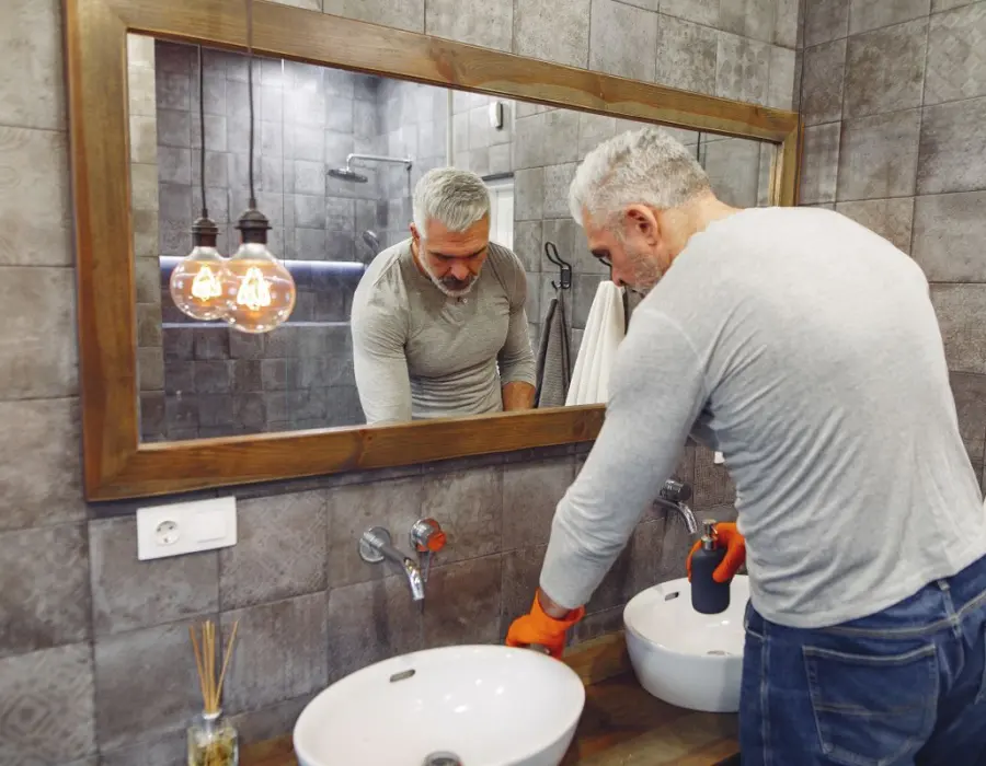 Copperline plumber working on a bathroom sink installation